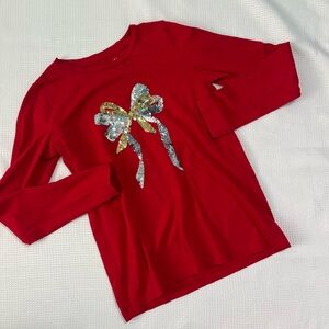 Crewcuts Girls Sequin Bow Red + Gold Long Sleeve Tee Size 10-11